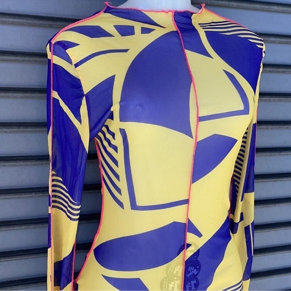 Fashion Nova Yellow and Purple Geometric Dress Mesh Dress Long Sleeve Size L - Picture 6 of 9